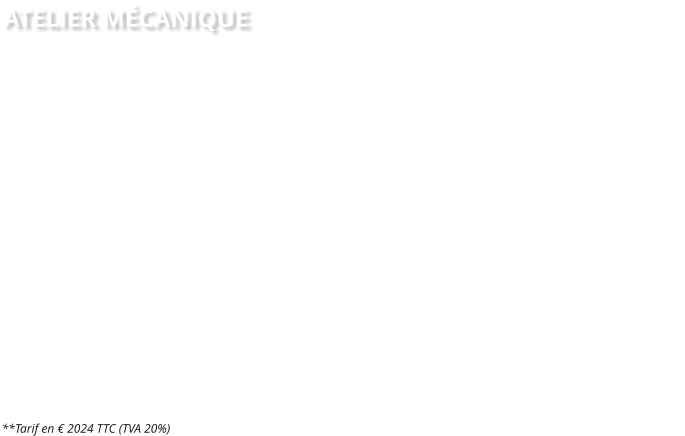 ATELIER MCANIQUE Nos techniciens sont capables de rviser votre vhicule en respectant les protocoles du constructeur. De la simple vidange  la rfection dune boite F1 Ferrari, mais aussi du simple moteur conventionnel au rotatif. Notre atelier est performant!Main-doeuvreT1 (esthtique)T2 (classique)T3 (technique)ServicesForfait contrle techniqueTest compression StdTest compression RotatifDiagnostic OBD (standard)Diagnostic OBD (supercar)Gardiennage (par nuit)**Tarif en  2024 TTC (TVA 20%)